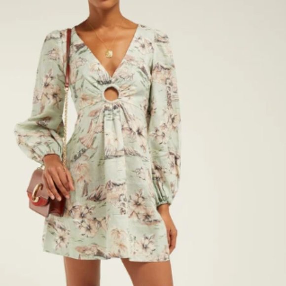 Zimmermann Dresses & Skirts - Zimmerman Wayfarer Floral Print Linen Green Dress Tropical V-Neck